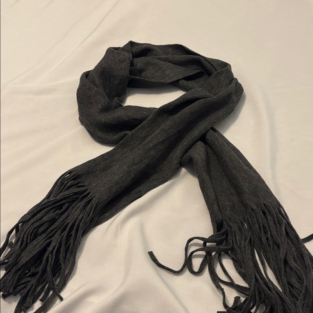 Lucky Brand Charcoal Gray Solid Brushed Scarf wide fringed soft long ribbed